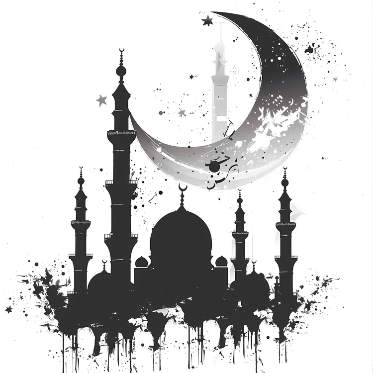Black Mosque Silhouette with Crescent Moon