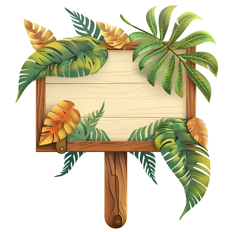 Wooden Sign with Tropical Leaves