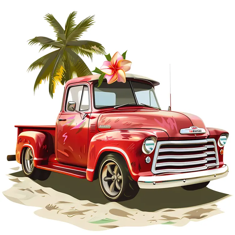 Vintage Red Truck with Palm Tree and Flower