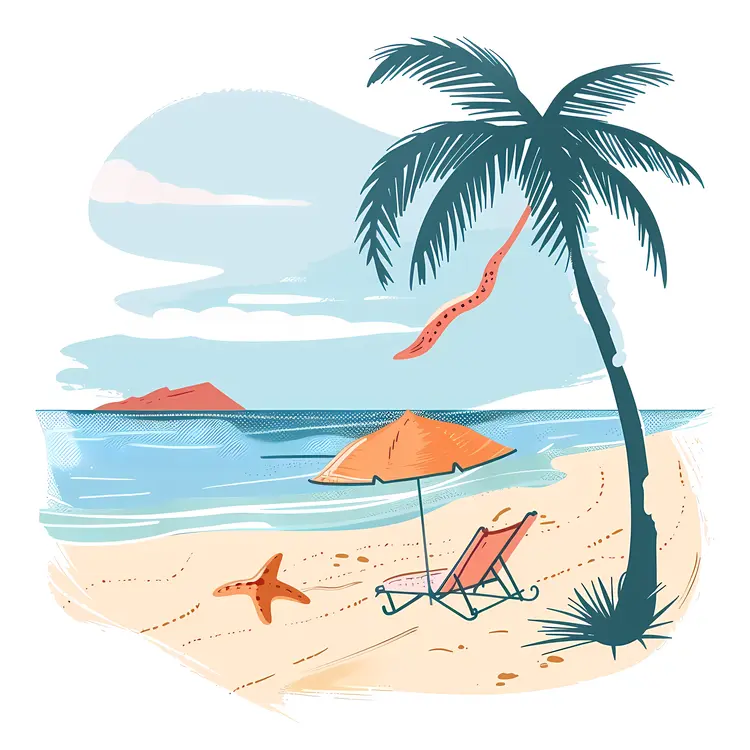 Beach Scene with Palm Tree Illustration