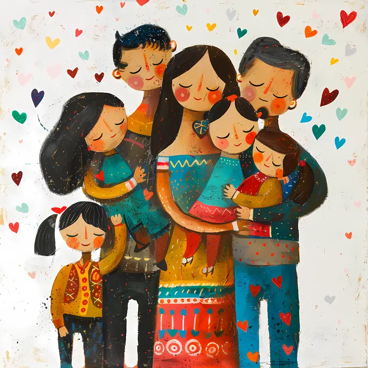 Family Hugging with Colorful Hearts