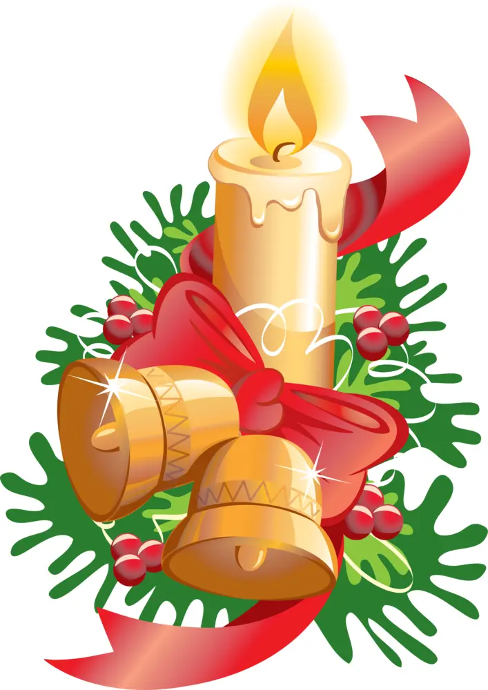 Golden Candle with Bells and Red Ribbon