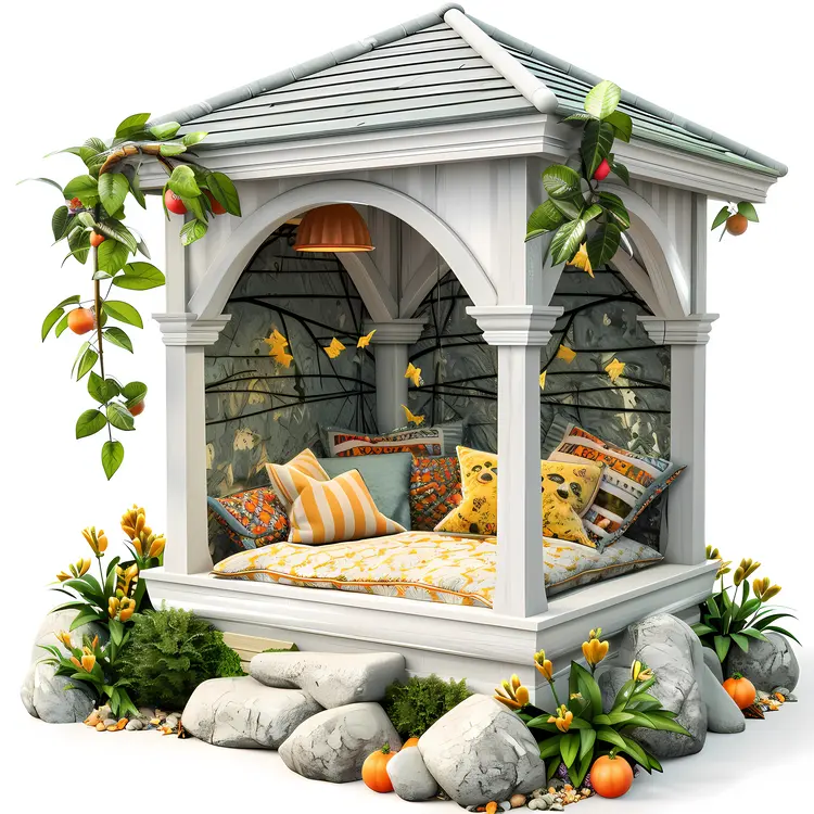 Cozy Gazebo with Pillows and Plants