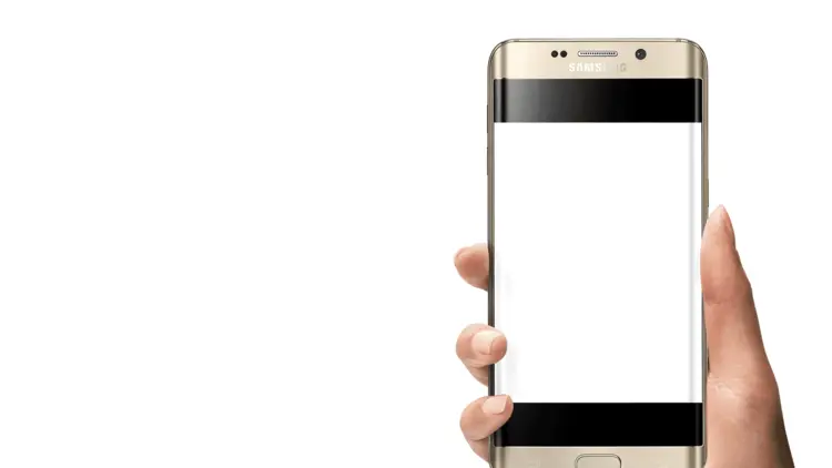 Hand Holding Gold Phone with Blank Screen