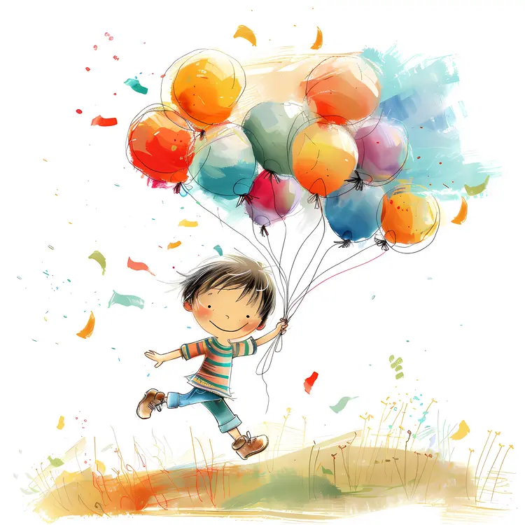Happy Boy Running with Colorful Balloons