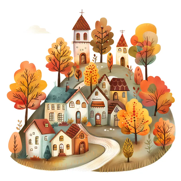 Charming Village on a Hill in Autumn