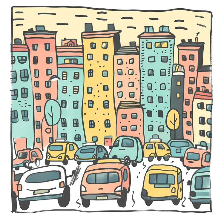 Illustrated Parking Lot with Cars and Buildings