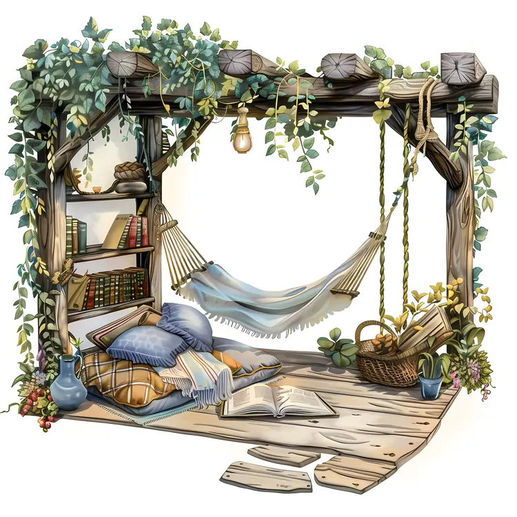 Cozy Reading Nook with Hammock and Books