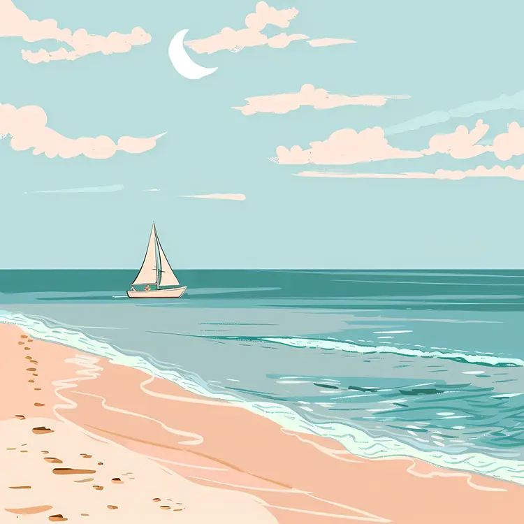 Beach Scene with Sailboat Illustration