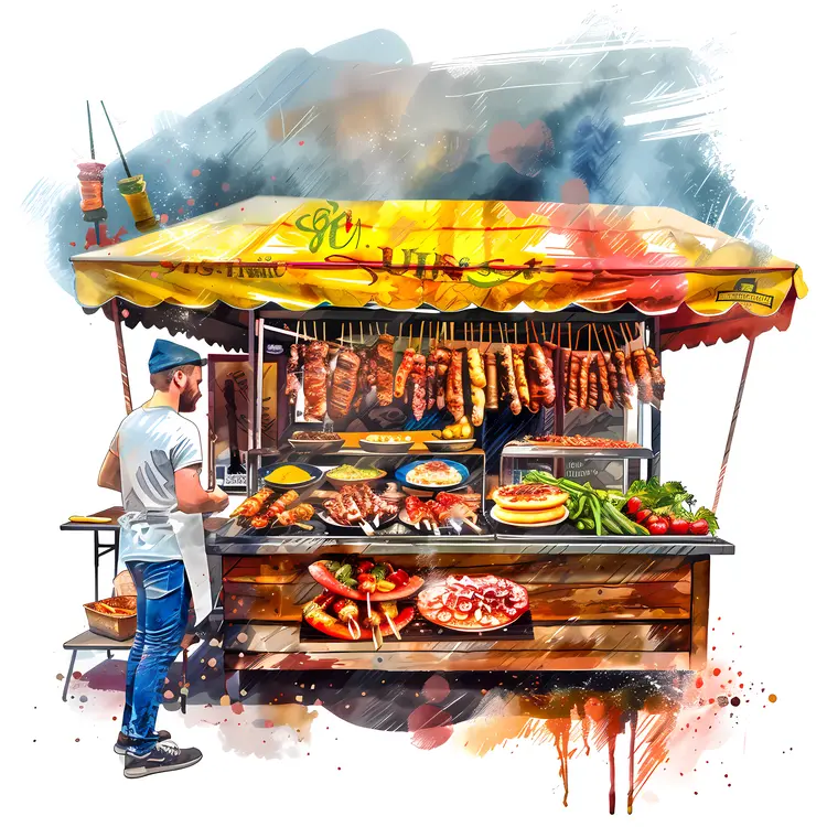 Street Food Cart with Grilled Items