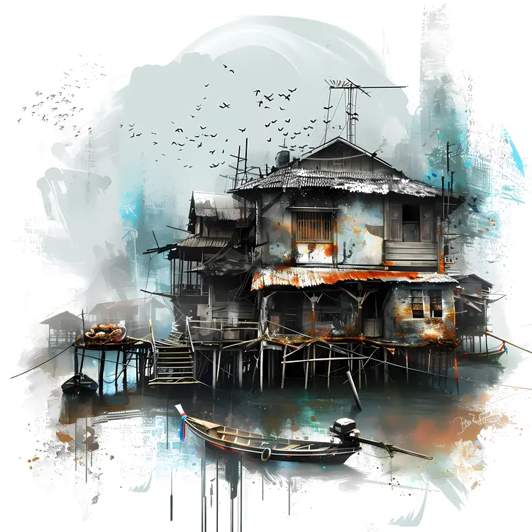 Vintage Floating Houses on Water