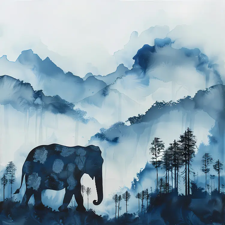 Elephant in Misty Mountain Landscape