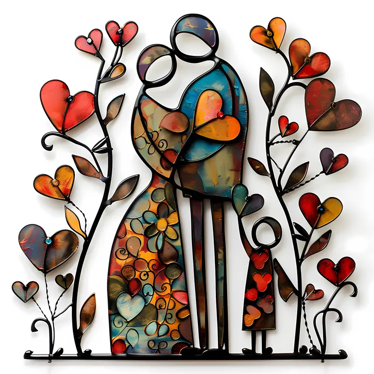 Family Hugging with Heart and Floral Design