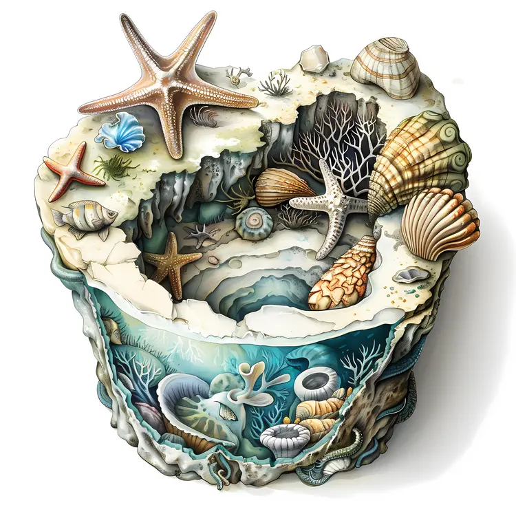 Marine Life Illustration with Starfish and Shells