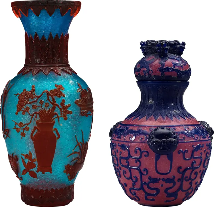 Artistic Blue and Red Vases with Intricate Design