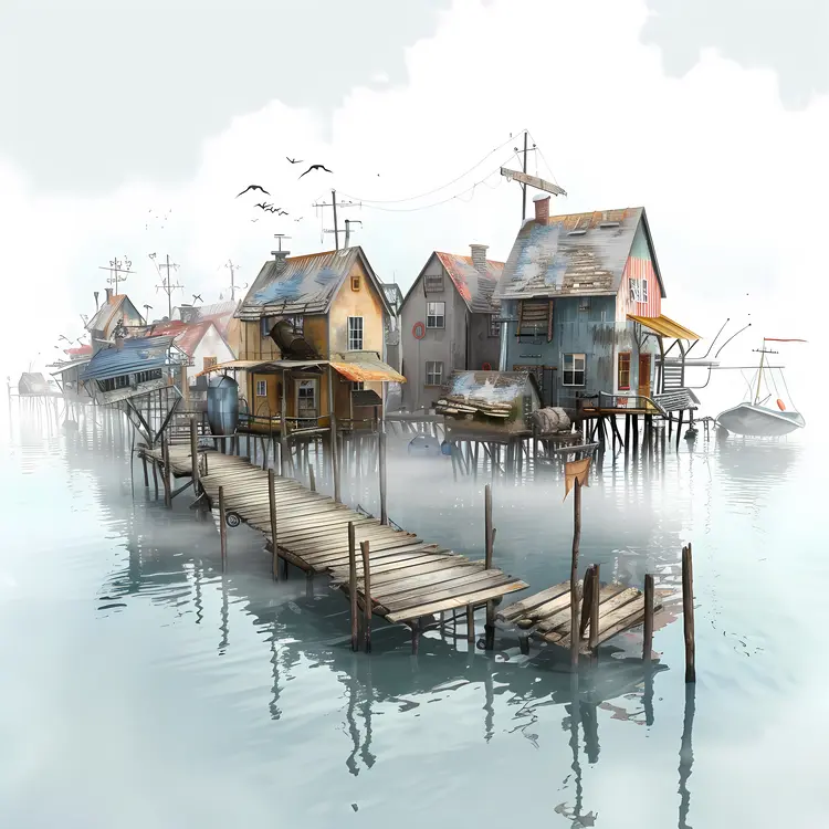 Waterfront Houses with a Wooden Dock