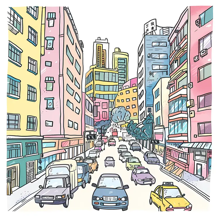 Illustrated Busy City Street with Buildings and Cars