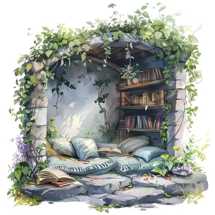 Cozy Reading Nook with Books and Pillows