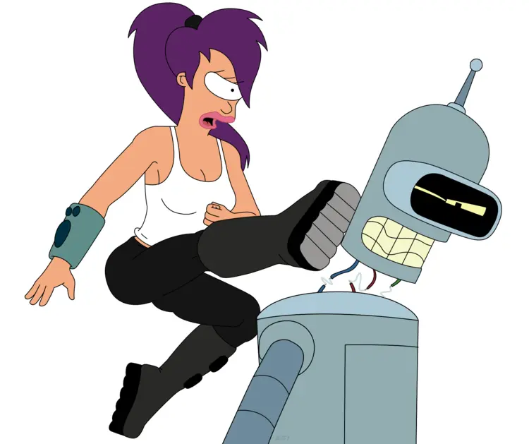 Purple-haired Woman Kicking Robot in Action Scene