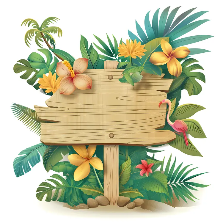 Tropical Wooden Sign with Flowers and Leaves