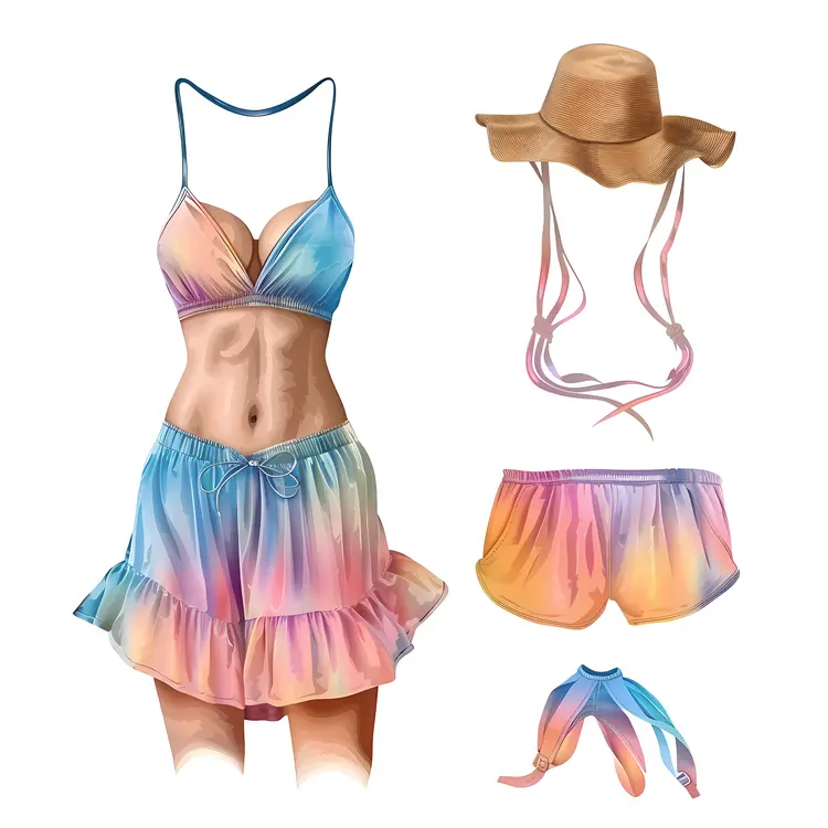 Colorful Summer Outfit with Bikini and Hat