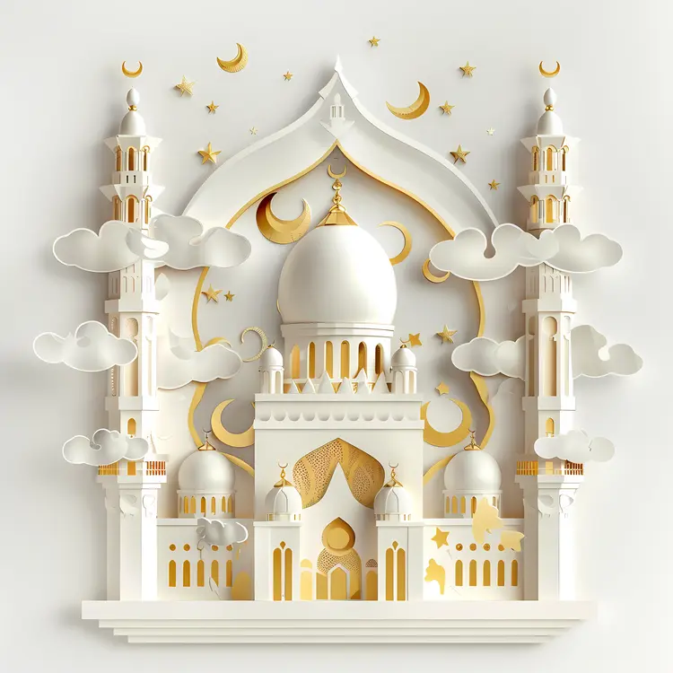 White and Gold Mosque with Crescent Moon Design