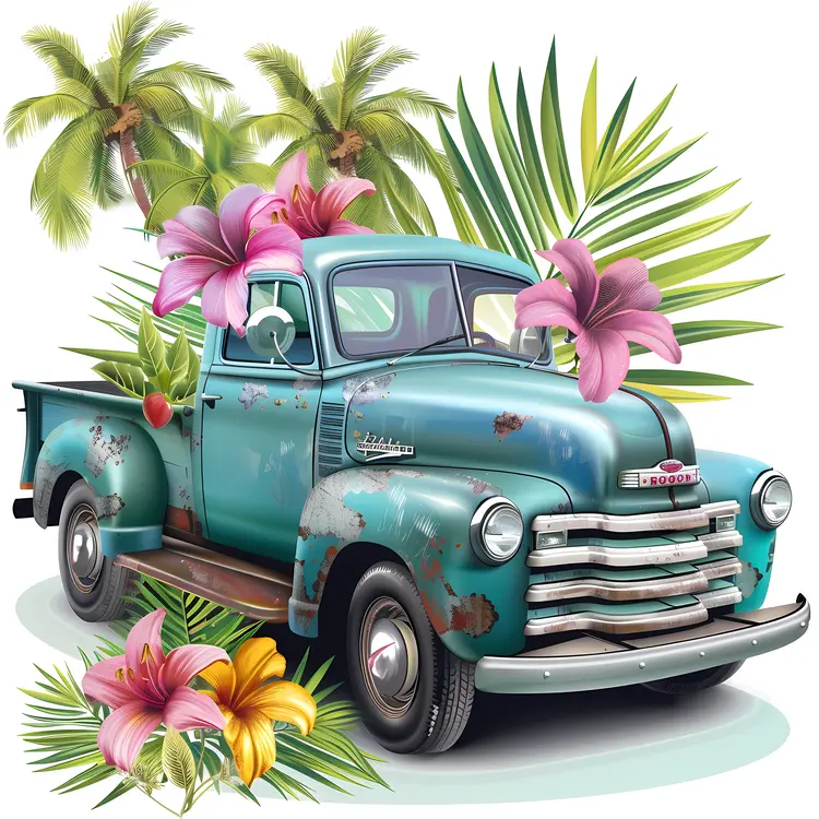Tropical Vintage Truck with Flowers