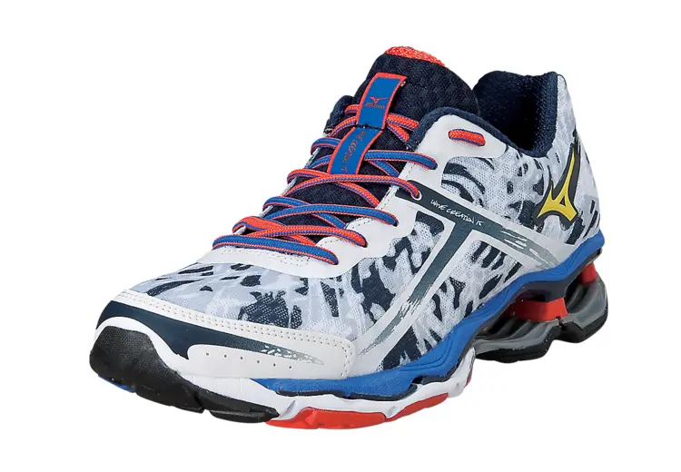 White and Blue Running Shoe with Red Laces