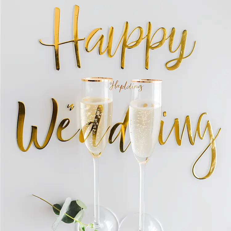 Elegant Gold Happy Wedding Sign with Champagne Glasses
