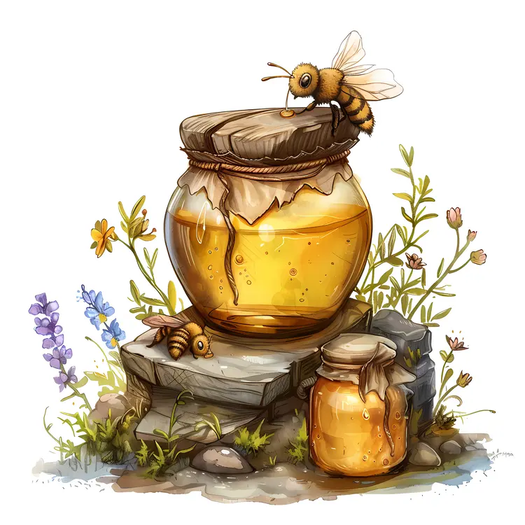 Honey Jars with Bees and Flowers Illustration