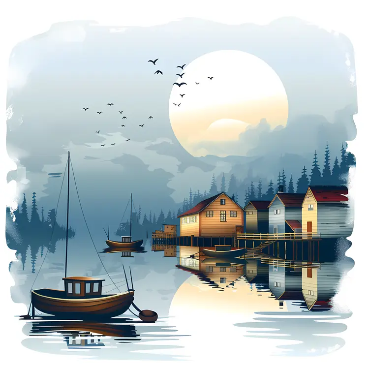 Moonlit Village by the Water