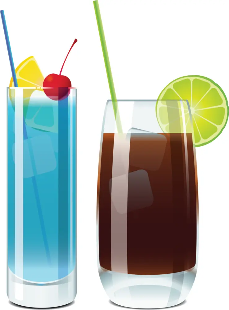 Blue and Brown Drinks with Cherry and Lime Slice