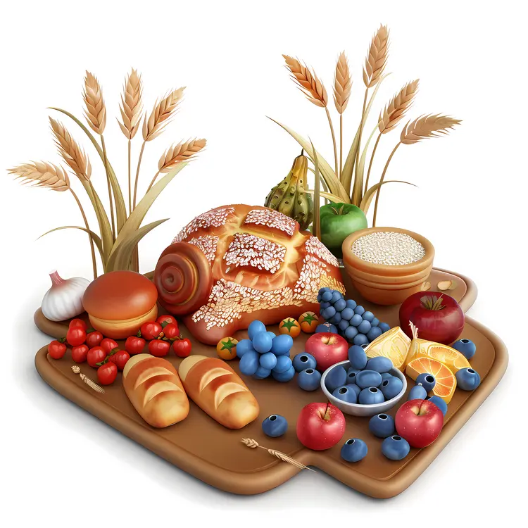 Assorted Bread and Fruits on Wooden Board
