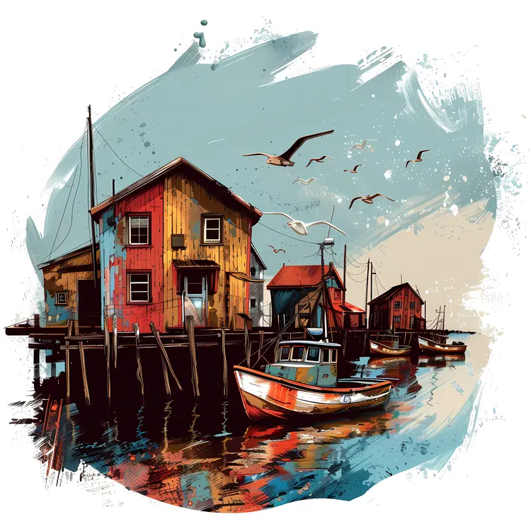 Rustic Harbor Scene with Boats