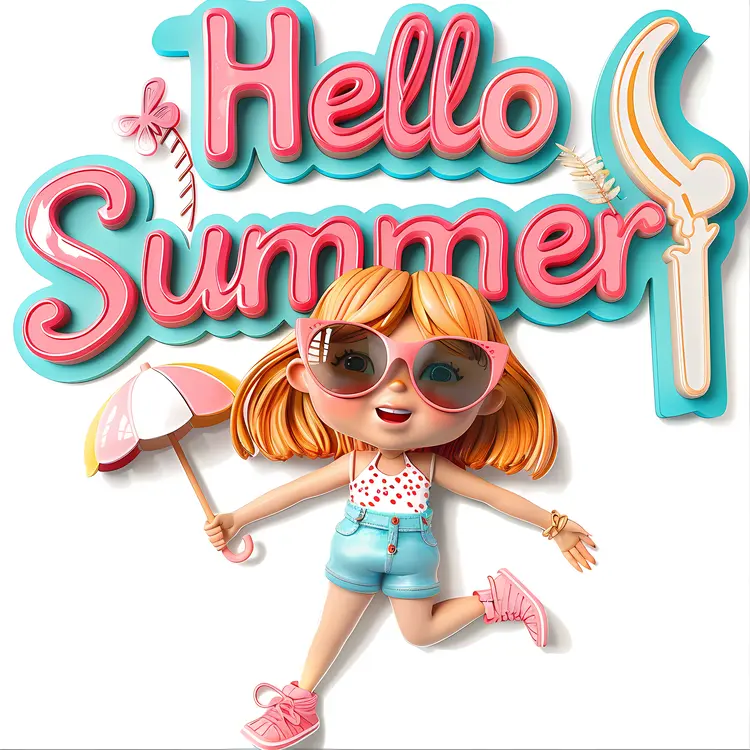 Hello Summer with Girl and Umbrella