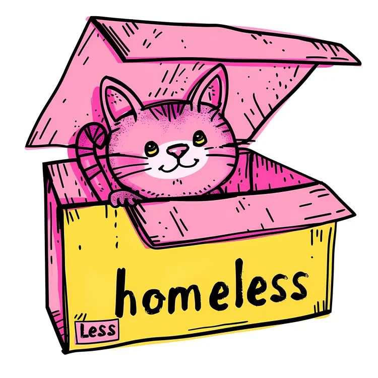 Cute Homeless Cat in Box Illustration