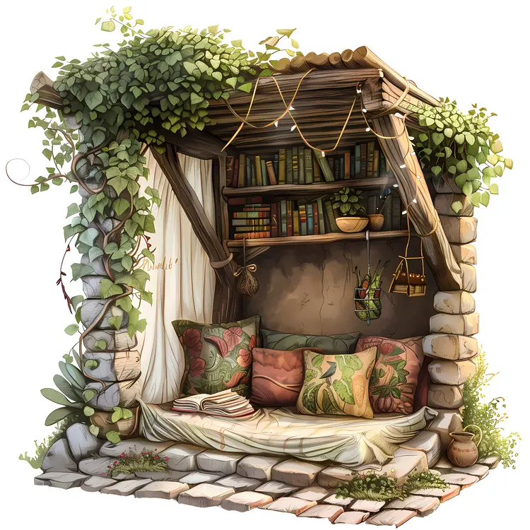 Cozy Reading Nook with Books and Pillows
