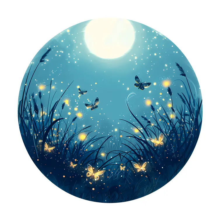 Moonlit Meadow with Butterflies and Fireflies