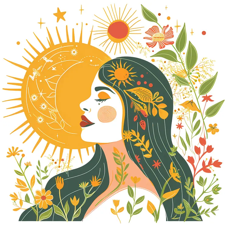 Sun and Woman Illustration with Floral Elements