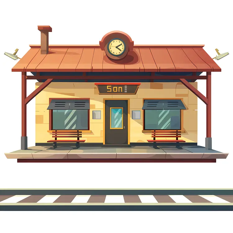 Yellow Train Station with Clock Illustration