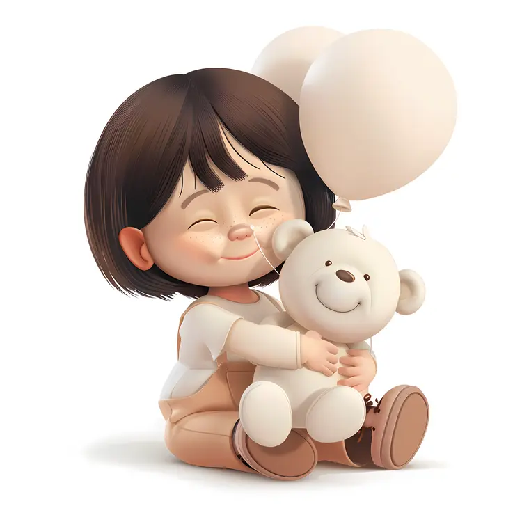 Happy Girl Hugging Teddy Bear with Balloons