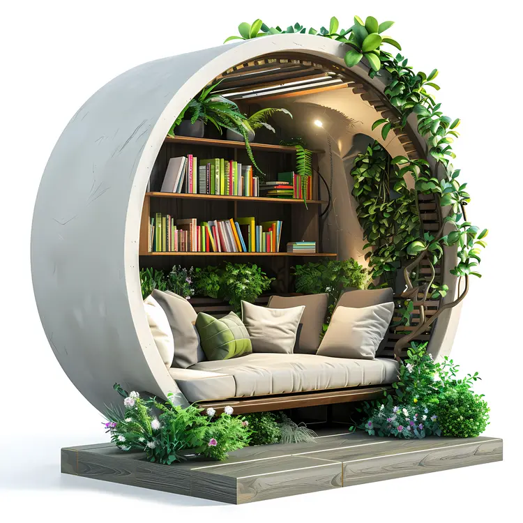 Circular Reading Nook with Books and Plants