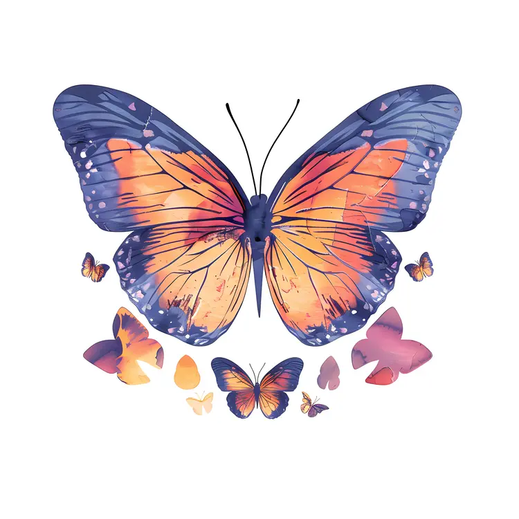 Large Butterfly with Small Butterflies in Watercolor