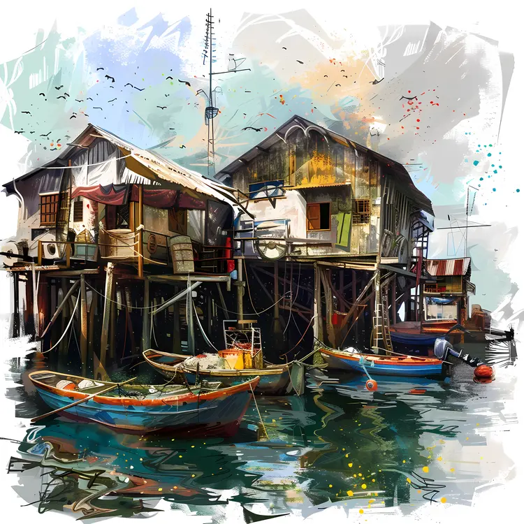 Rustic Floating Houses on Water