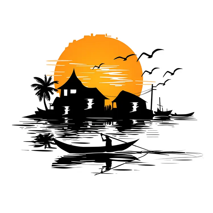 Seaside Sunset with Boats and Houses
