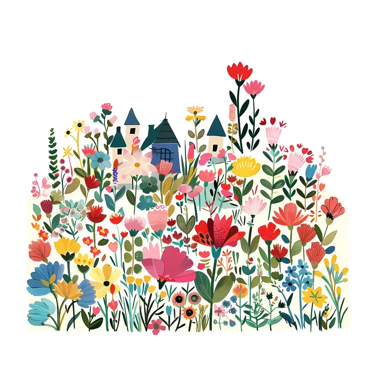 Colorful Flowers and Castle in Garden
