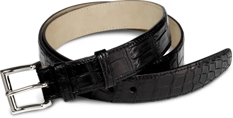 Black Crocodile Leather Belt with Double Buckle