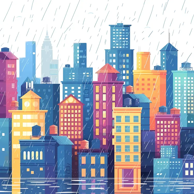 Colorful Buildings in the Rain