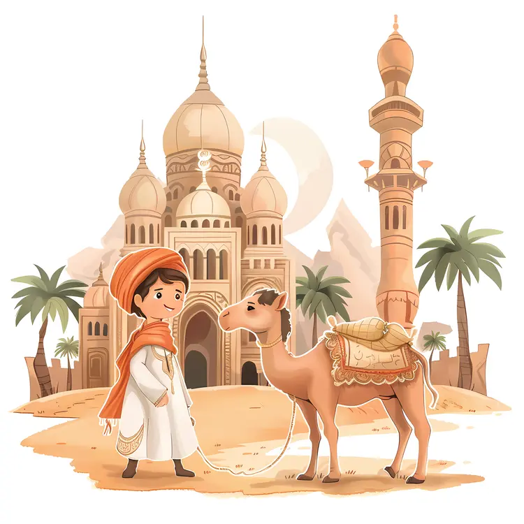 Boy with Camel in Desert