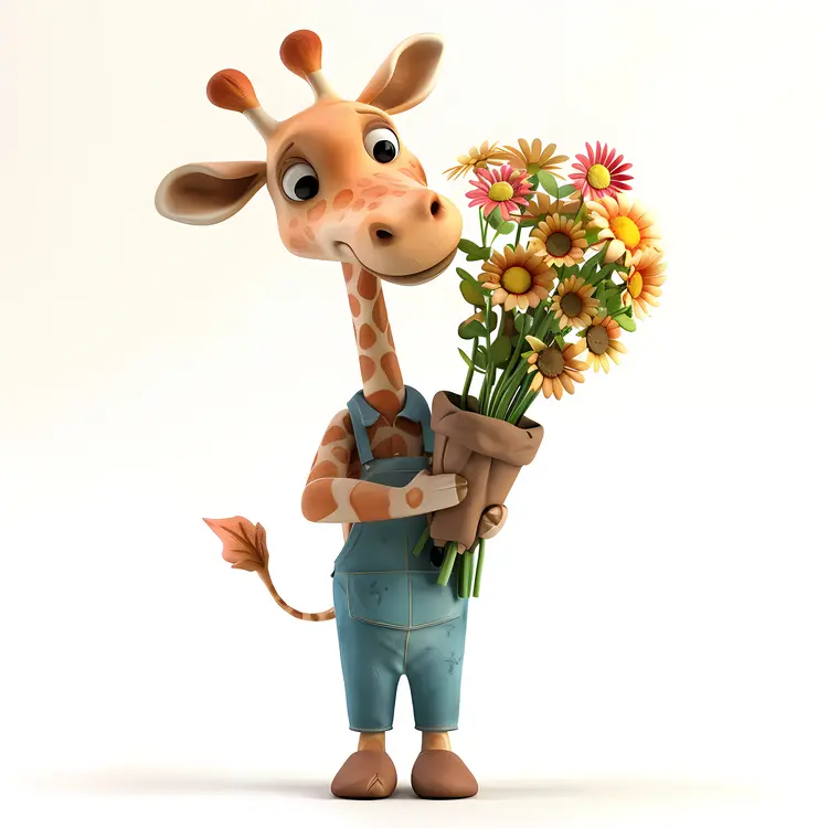 Cute Giraffe Holding a Bouquet of Flowers
